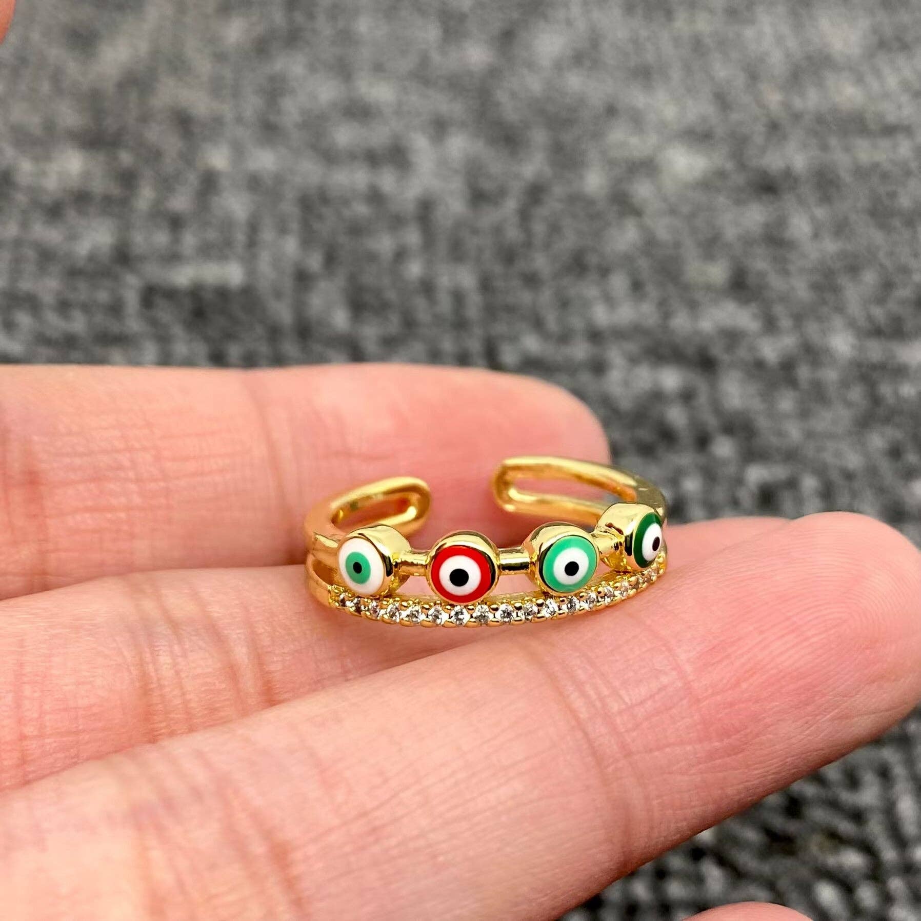 Mio Queena - Wholesale Cocktail/Statement Ring - Enamel Rhinestone Turkey Eye Evil Eye Golden Adjustable Rings17