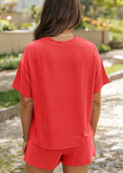 Lovesoft - Wholesale Top & Short Set (NOT Loungewear) - Women's - Phalaenopsi Ribbed Textured Knit Loose Fit Tee Shorts Set3