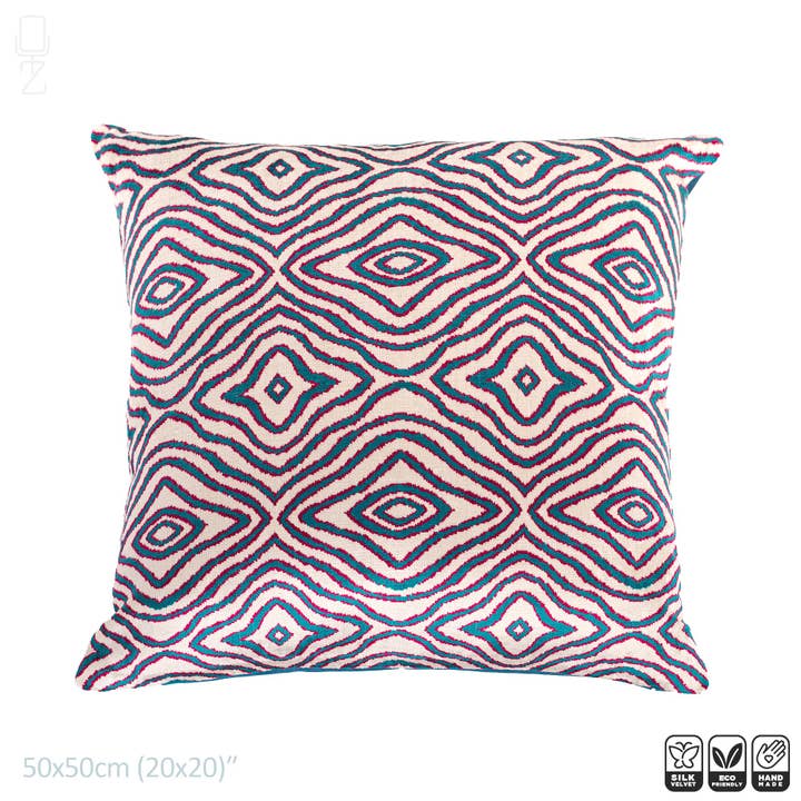 Fodera per cuscino in velluto Ikat di seta con linee blu e rosse per la vendita all'ingrosso da parte di OyzShop