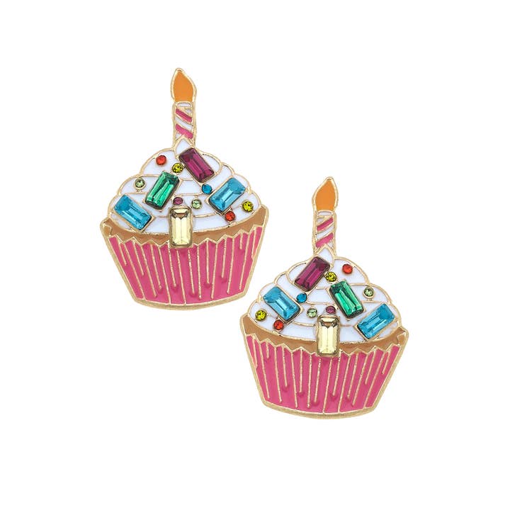 Bejeweled Birthday Cupcake Stud Earrings in Rainbow Multi for wholesale by Canvas Style