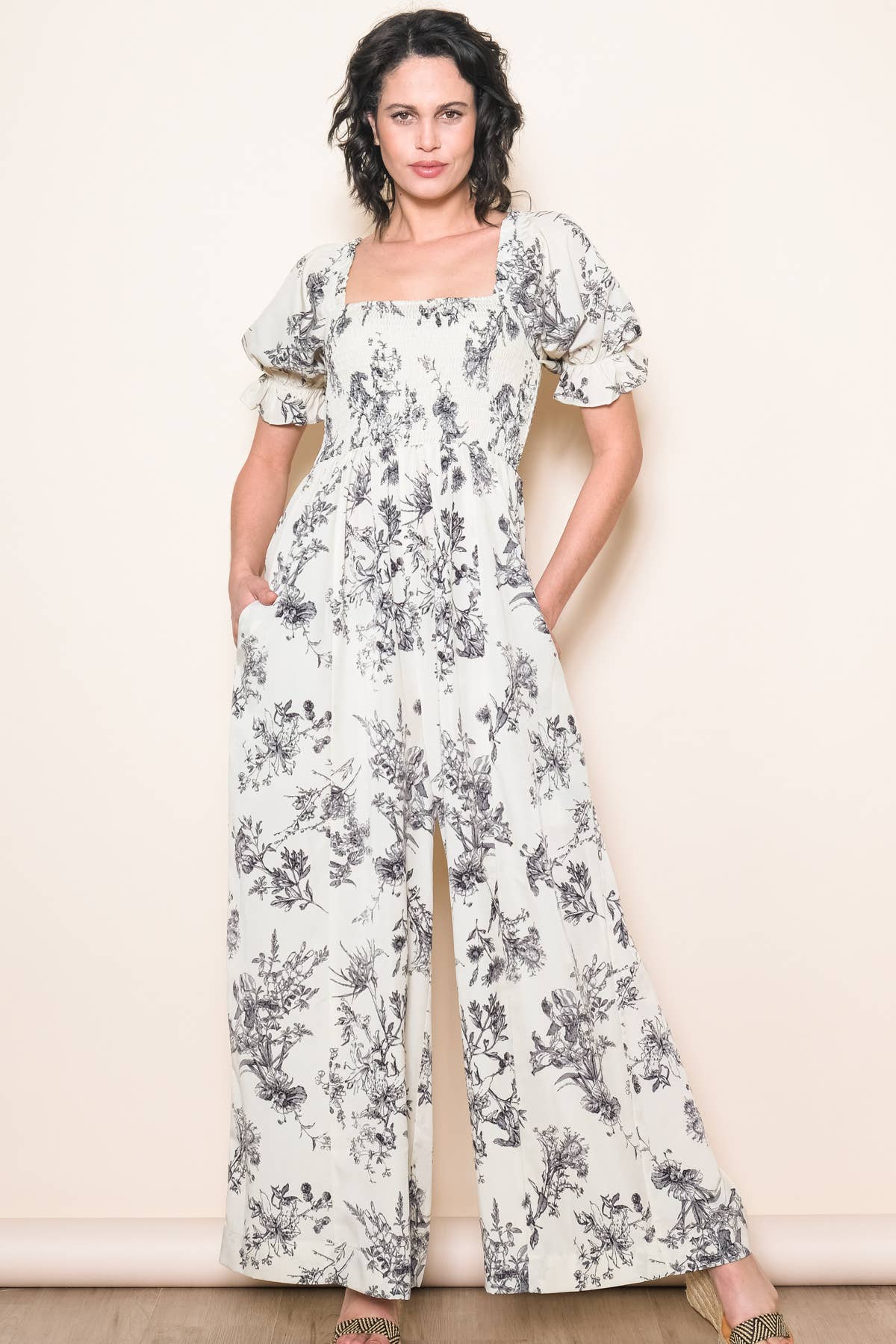 Elloh Collection - Wholesale Jumpsuit - Women's - Square Neck Puff Sleeve Wide Leg Antique Floral Jumper 7