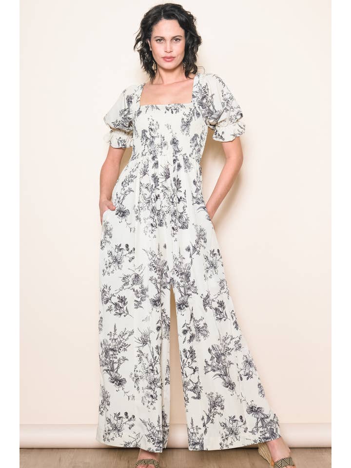 Elloh Collection - Wholesale Jumpsuit - Women's - Square Neck Puff Sleeve Wide Leg Antique Floral Jumper 7