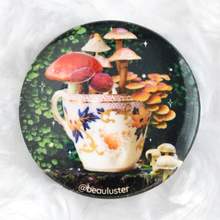 Mushroom Tea Button Pin for wholesale by Beauluster