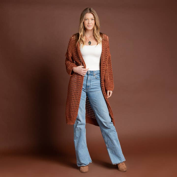 Howard's - Wholesale Cardigan - Women's - Enya Sepia Long Sleeve Open Crochet Boho Cardigan