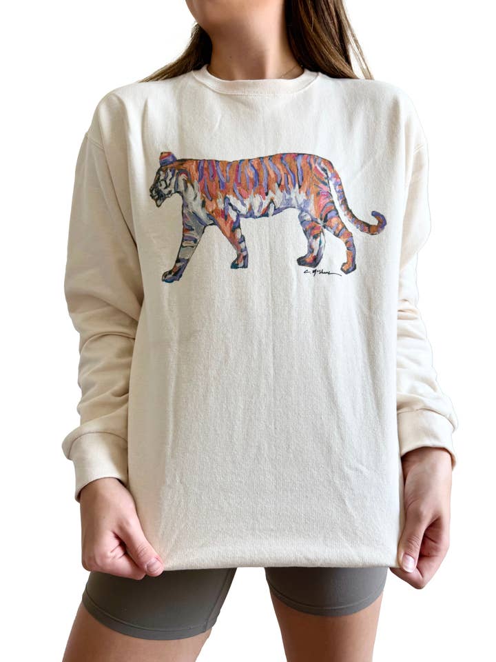 "Tiger Purple & Orange Standing" Sweatshirt for wholesale by Chelsea McShane Art