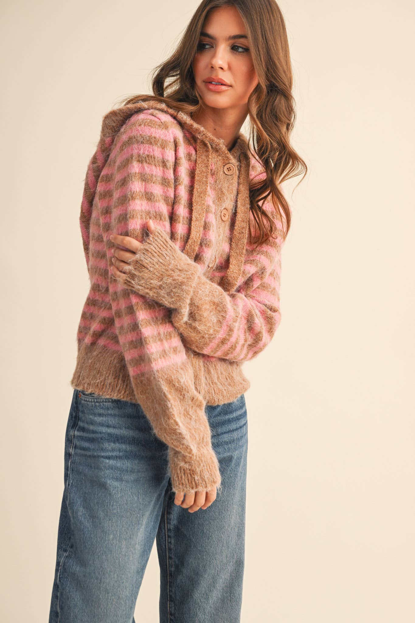 &MERCI - Wholesale Cardigan - Women's - STRIPED HOODIE SWEATER CARDIGAN MSW1106363