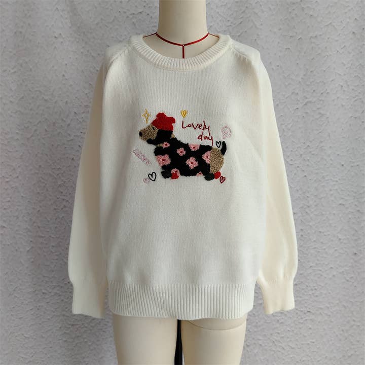 Rosa Clothing - Wholesale Knit Sweater - Women's - Cute Puppy Embroidered Slouchy Knitted Sweater