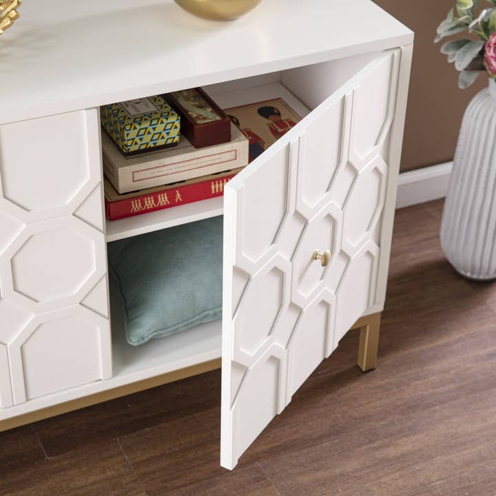 HomeRoots - Wholesale Cabinet - White and Gold Moroccan Dynasty Two Door Accent Cabinet