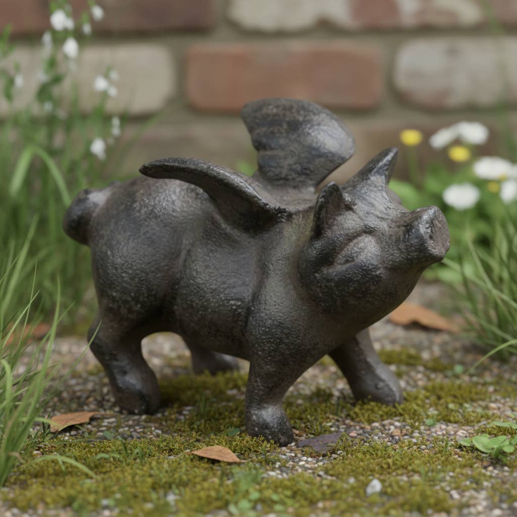 Iron & Blossom - Wholesale Decorative Figurine - Whimsical Cast Iron Small Flying Pig Figurine - Rustic Animal Decor
