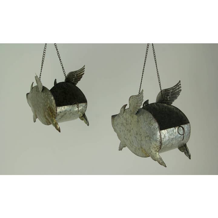 Zeckos - Wholesale Plant Pot - Set of 2 Distressed Metal Flying Pig Hanging Planters 2