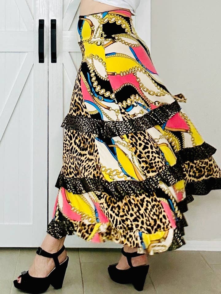 Aerial Clothing sRQ - Wholesale Skirt - Women's - Wild Side Patchwork Flounced Maxi Skirt3