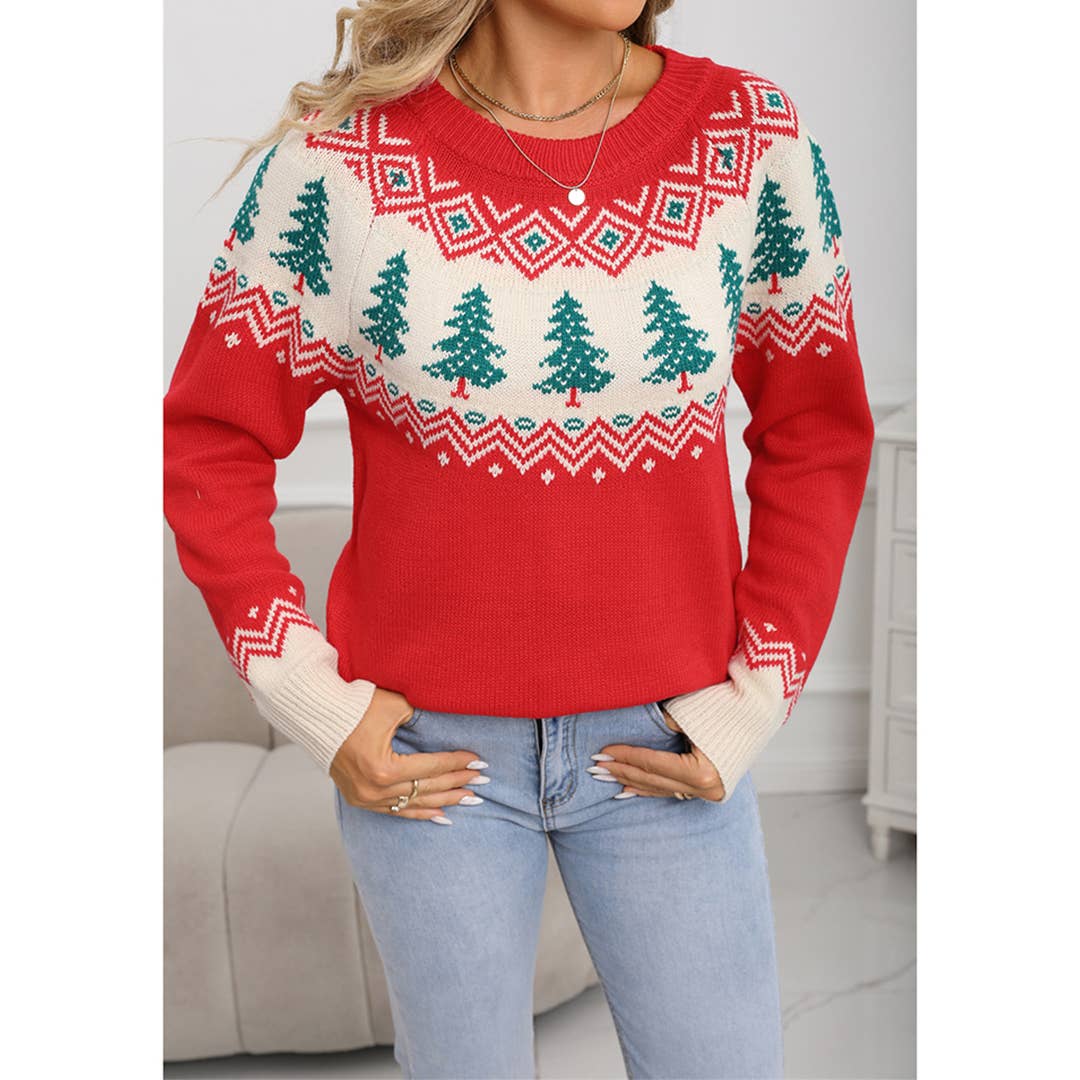 Vermelho Camisola de Malha Solta com Árvore de Natal Jacquard JYYS271 para venda a revendedores na Faire