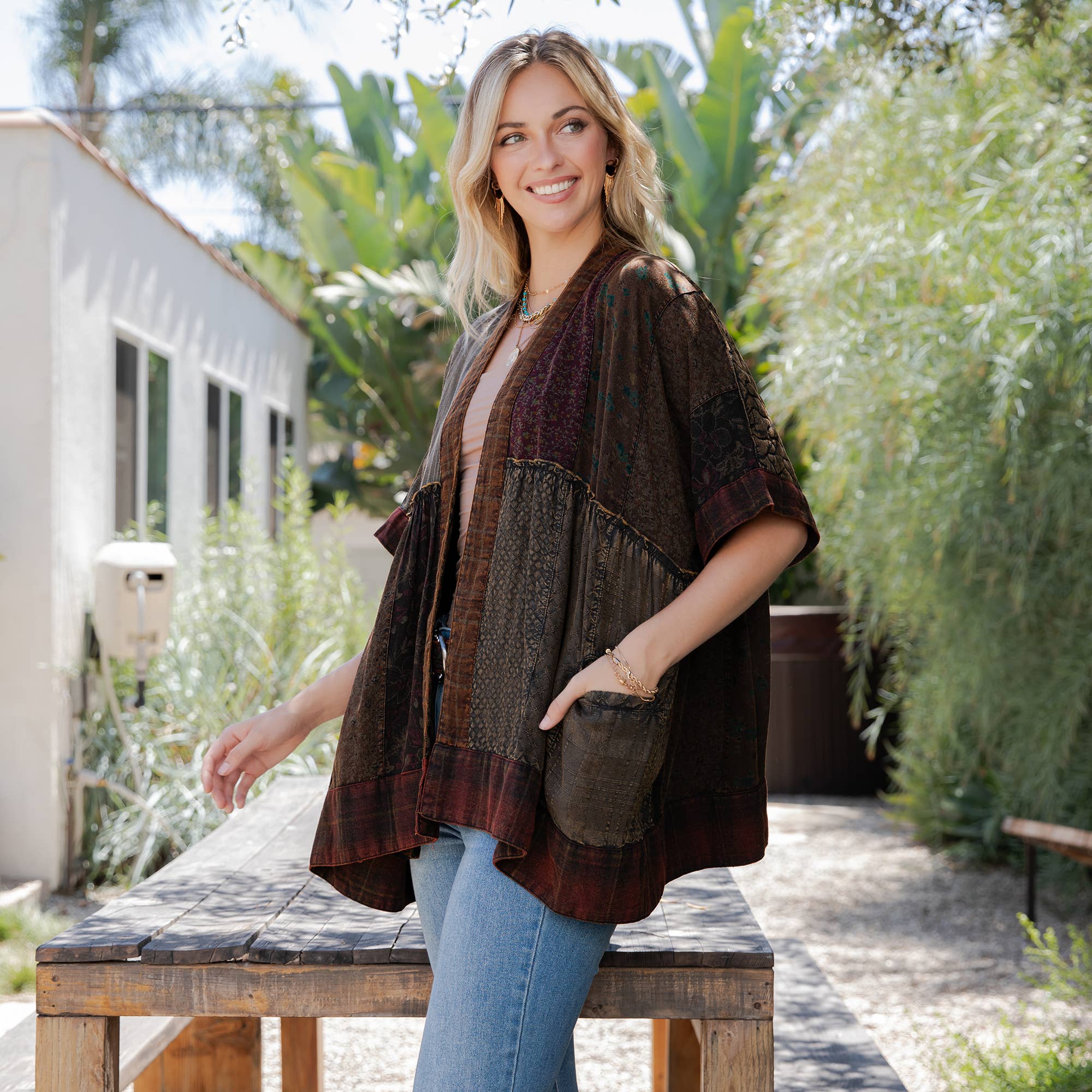 Young Threads - Wholesale Kimono - Women's - Mixed Patch Kimono Shrug with Draped Asymmetric Hem1