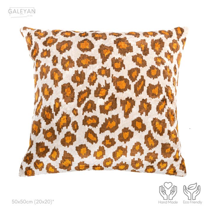 Silk Velvet Ikat Cushion – Off White / Brown / Orange for wholesale by Galeyan Design