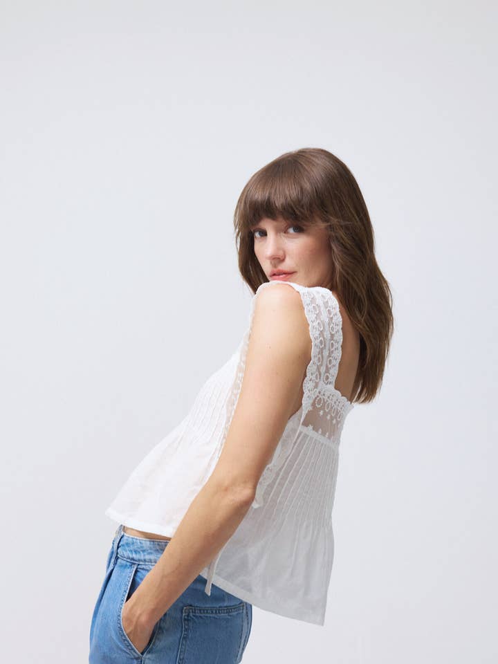 Daisy Embroidered Lace Self-Tie Sides Cotton Top for wholesale on Faire2