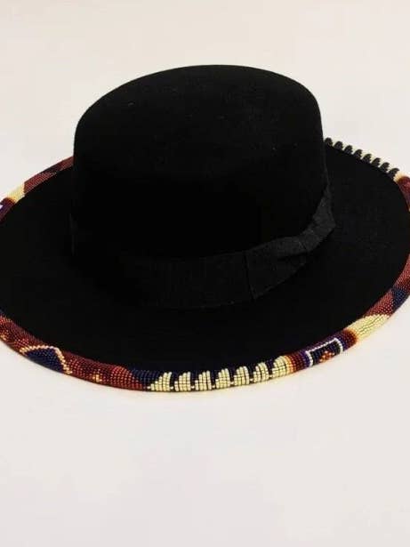 Black beaded fedora hat/cowboy hat|summer hats|brim hat with cream and brown bead work with free shipping world wide for wholesale by Delight merchants