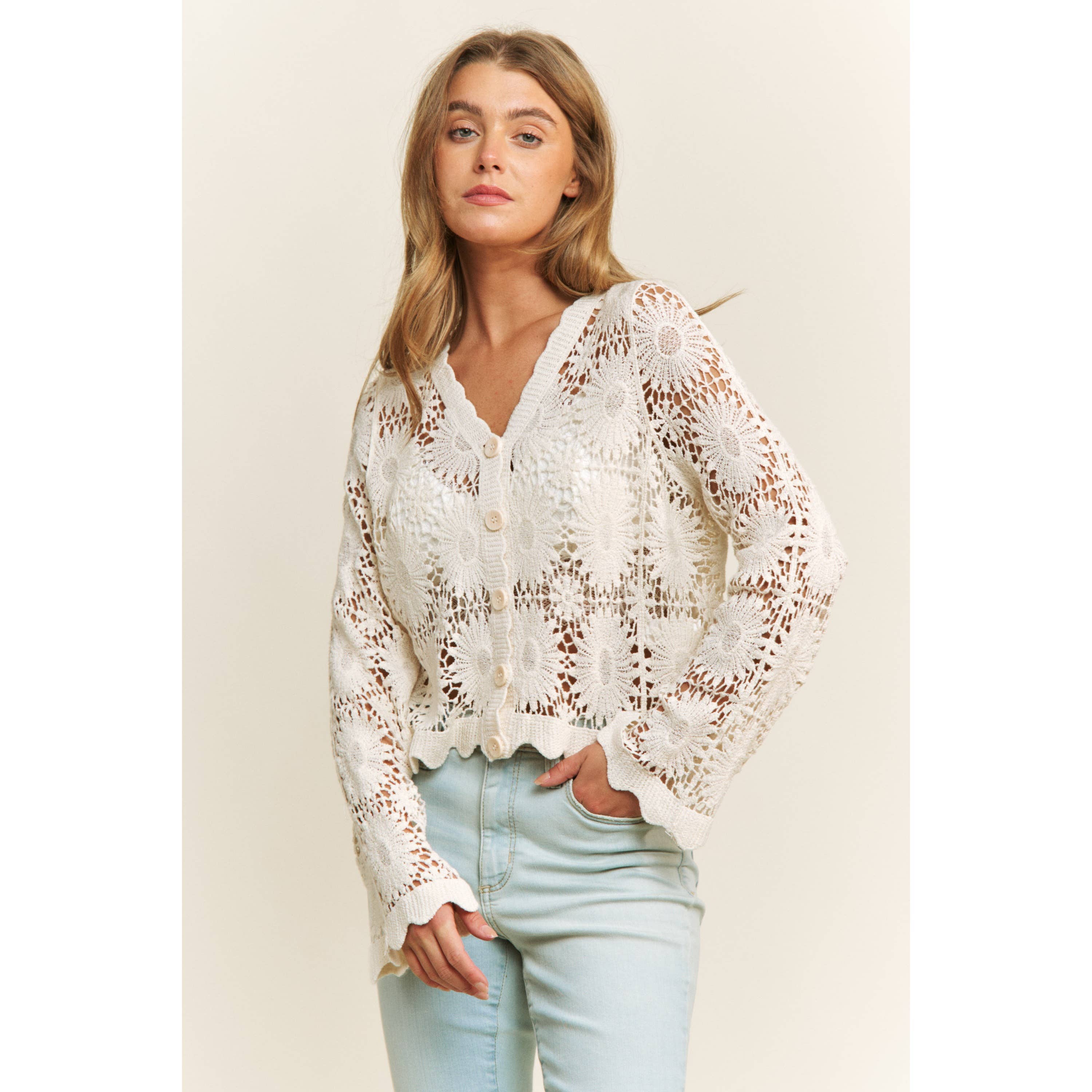 Sweet Generis - Wholesale Lounge Top - Women's - SCALLOP LACE FLORAL CROCHET BUTTON DOWN TOP1
