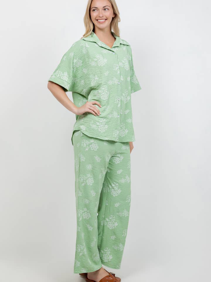 Floral Button-Up Shirt and Matching Pants with Pockets for wholesale by 24-Hrs Fashion