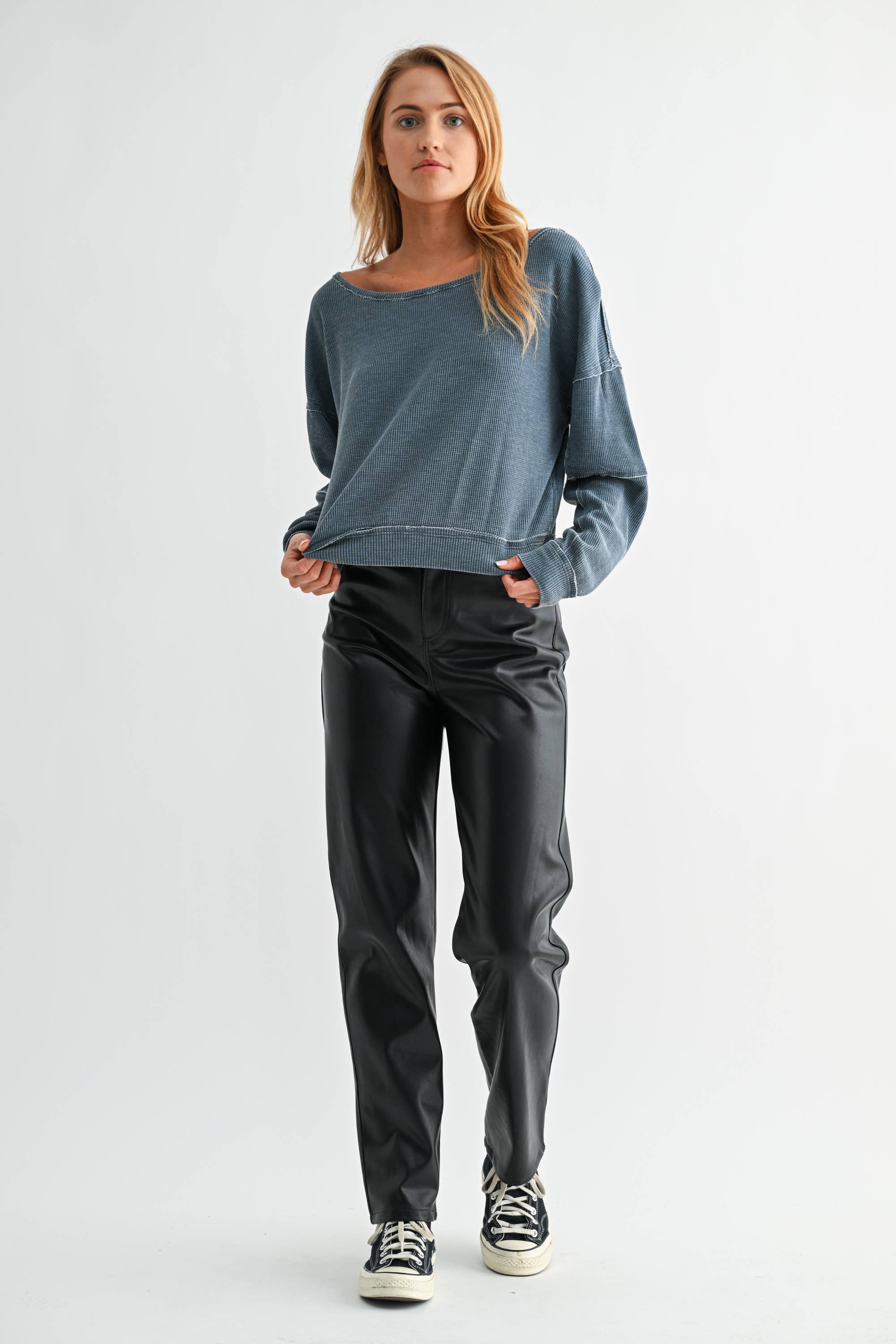 Mono B - Wholesale Sweatshirt - Women's - Raw Edge Waffle Knit Boatneck Pullover3