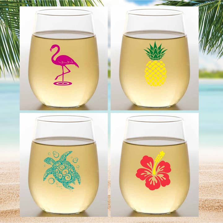 TROPICAL VIBES Tritan Unbreakable Stemless Wine Tumblers for wholesale by Wine-Oh!