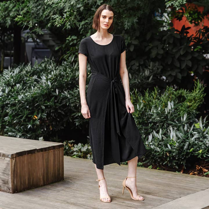 Clara Sunwoo - Wholesale Dress - Women's - DR184R - Soft Textured Rayon - Wrap Overlay Center Tie Dress