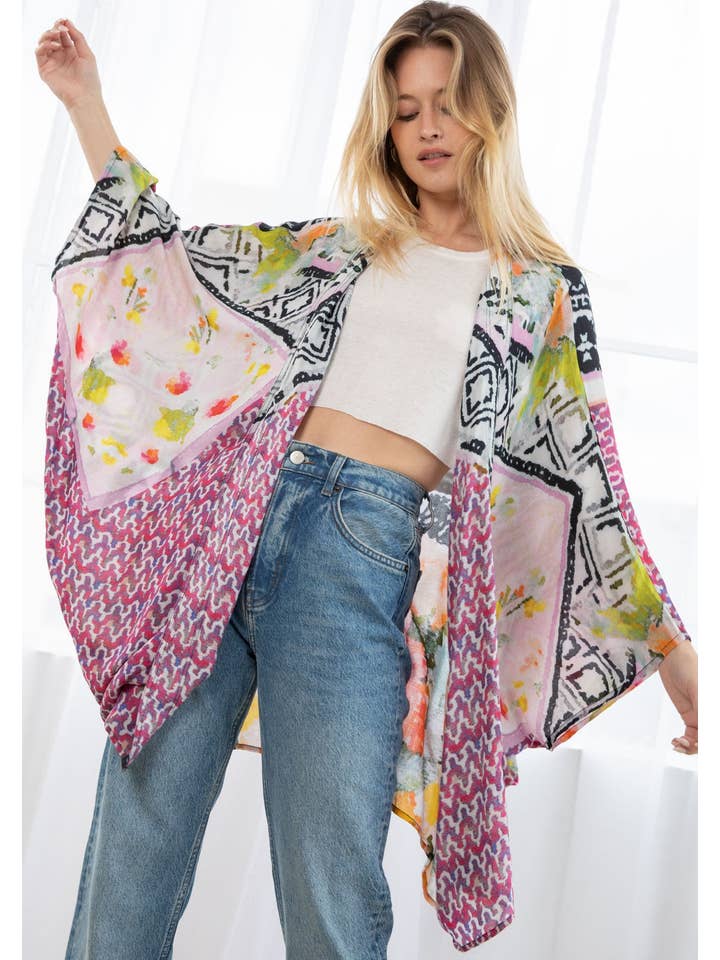 Black Fuchsia Combo Bohemian Floral Abstract Print Cocoon Kimono for wholesale on Faire