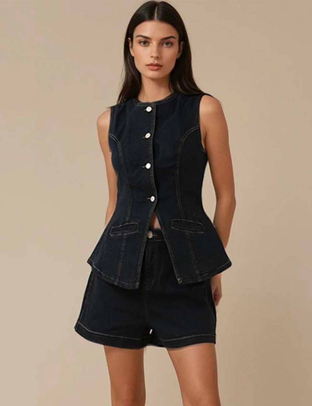 Sweetkama – wholesale Set med topp och shorts – Dam – Damset med ärmlös jeanslinne och shorts15