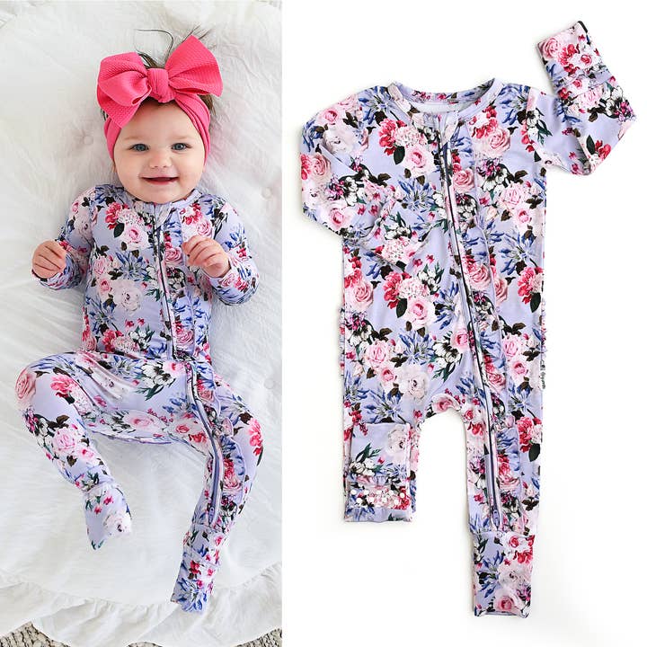 Emerson Floral RUFFLE ZIP Bamboo Baby Sleepies Little for wholesale by Gigi and Max