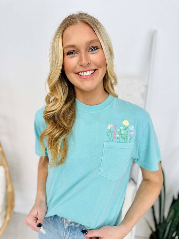 Floral Pocket Embroidered Pocket Tee for wholesale by Dash Forward Wholesale