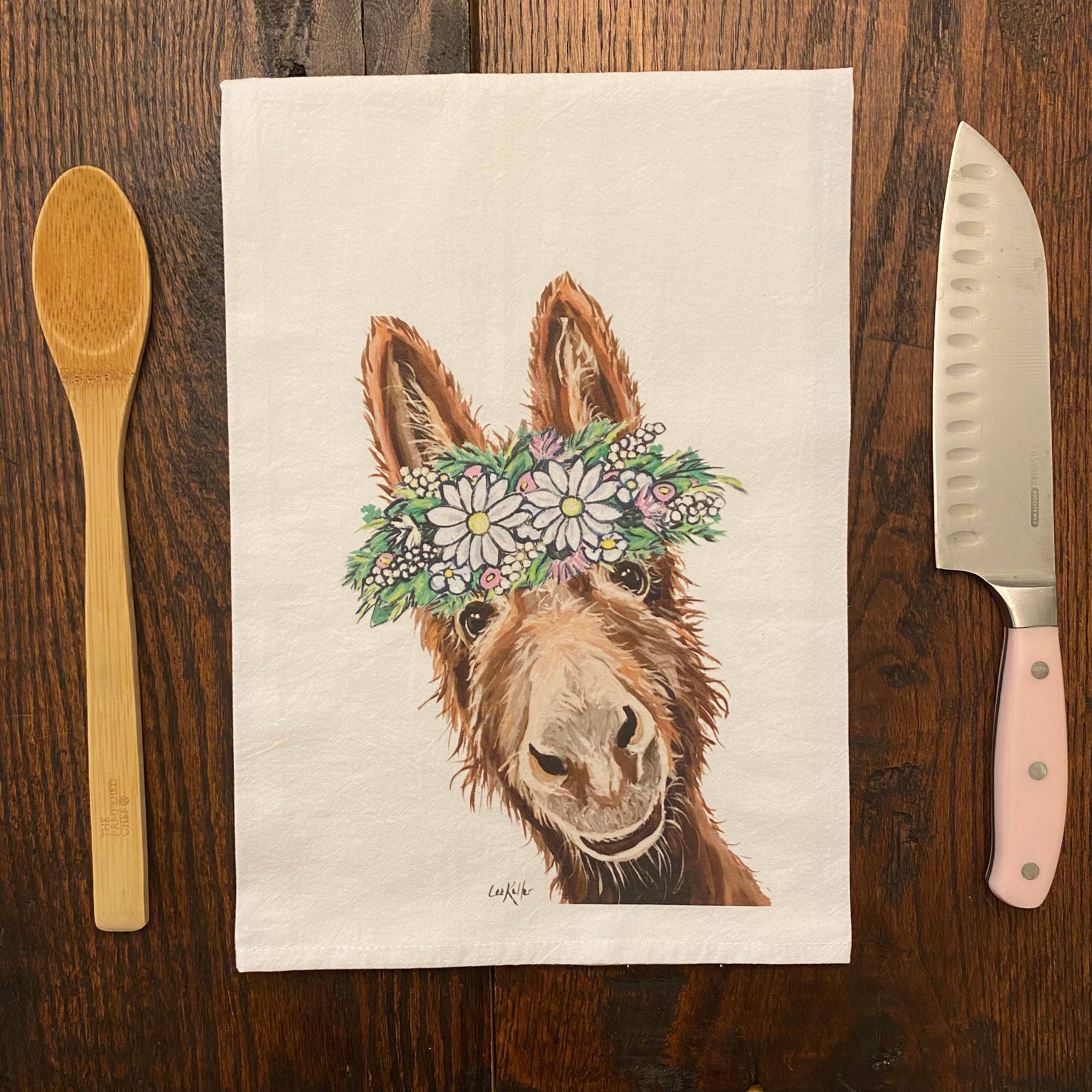 Hippie Hound Studios – wholesale Tea towel – Donkey Flour Sack Towel, Donkey with Daisies Tea Towel1