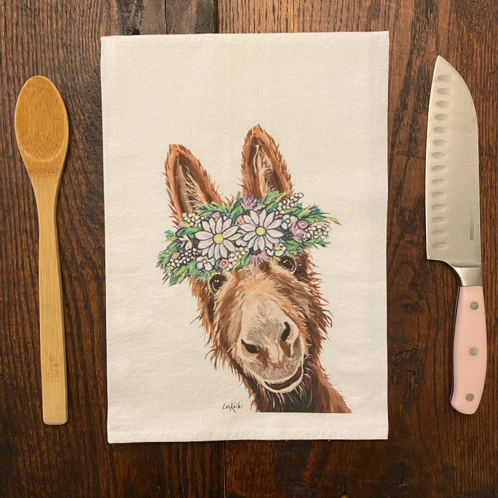 Hippie Hound Studios - Wholesale Tea towel - Donkey Flour Sack Towel, Donkey with Daisies Tea Towel1