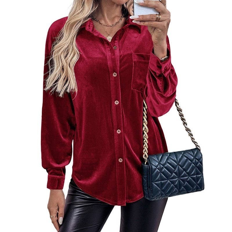 Sheer Trend – wholesale Buttoned-down shirt – Women's – Solid Velvet Shirt With Puff Sleeves2