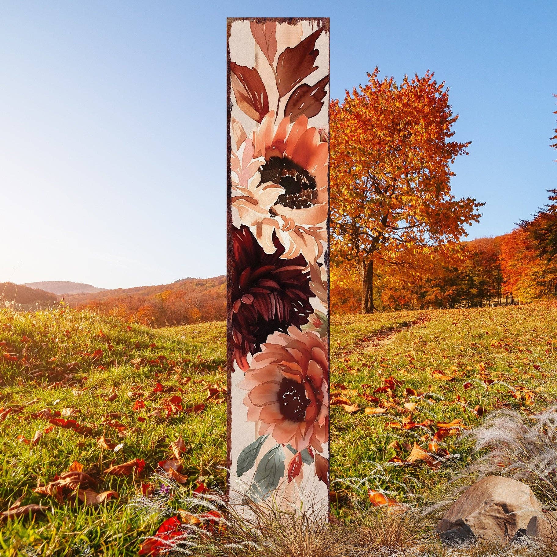 TX USA Corporation – Großhandel Pfosten/Pfähle – 42" Herbst Aquarell Blumen Gartenstecker | Lebendige Boho Outdoor Gartenkunst2