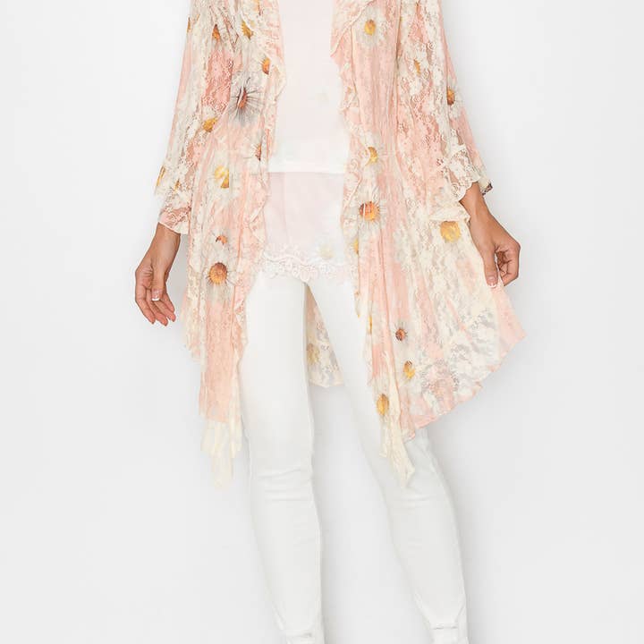 ALL LACE CARDIGAN WITH RUFFLES -4495 BG/PINK DAISY for wholesale by Origami Apparel ~ Lace and Crochet inspired