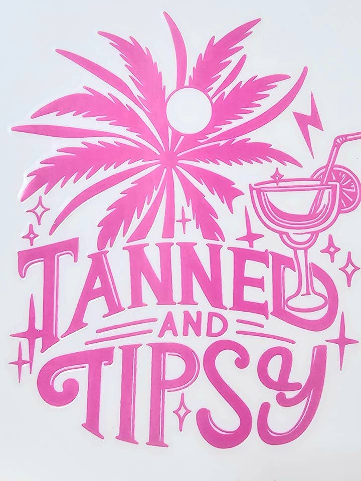 Pink 'Tanned And Tipsy' Palmtree Margarita UV Transfer for wholesale by Scratch Decor