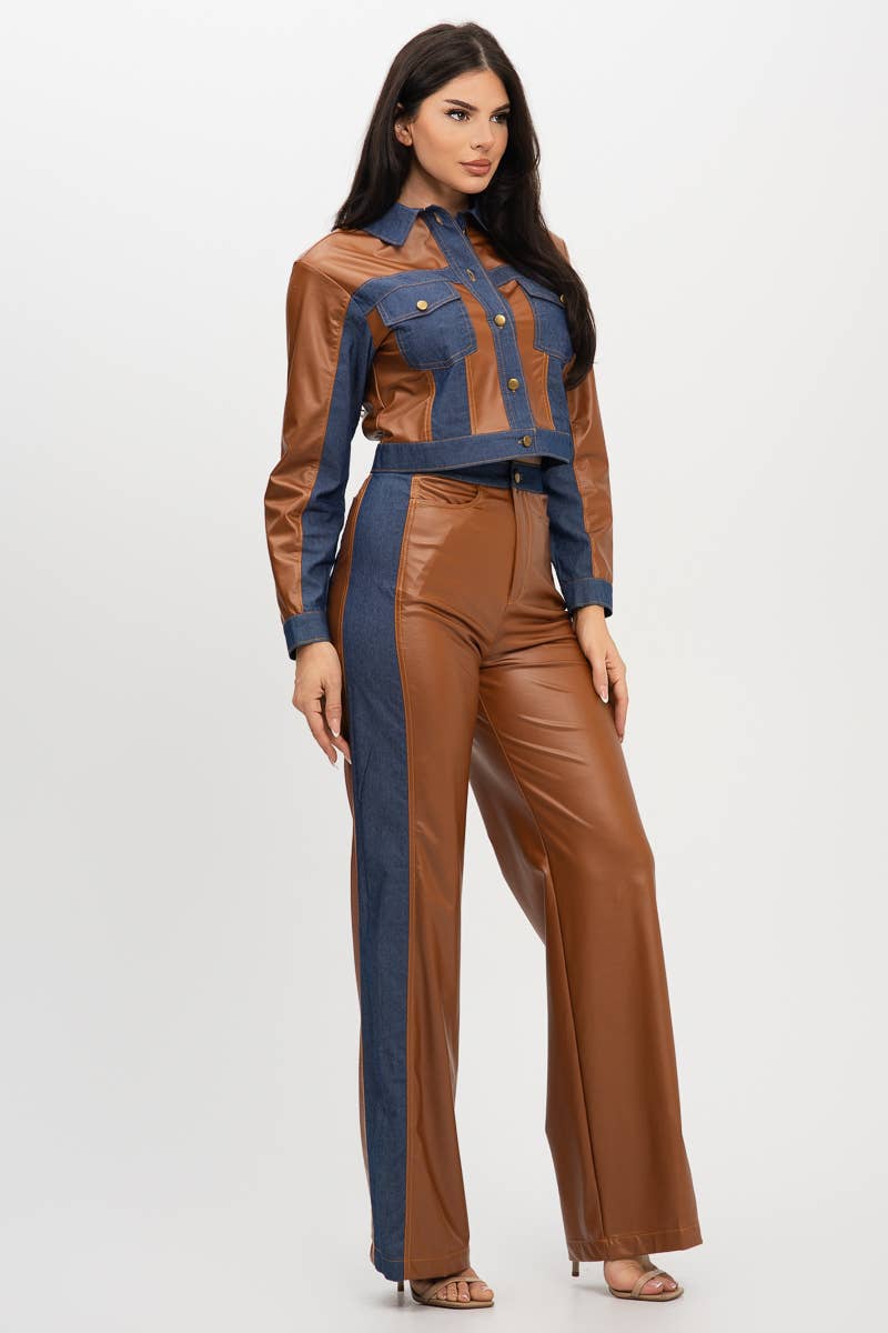 Julia by LoveJ - Wholesale Top & Pant Set (NOT Loungewear) - Women's - Pu Fabric Denim Contrast Jackets And Pants Set 2