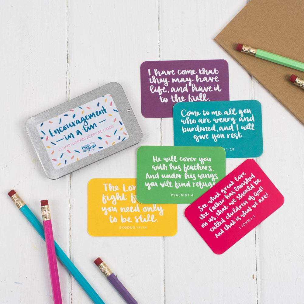 Hope and Ginger – wholesale Stationery/notecard set – Encouragement in a tin - 15 hand lettered scripture cards3