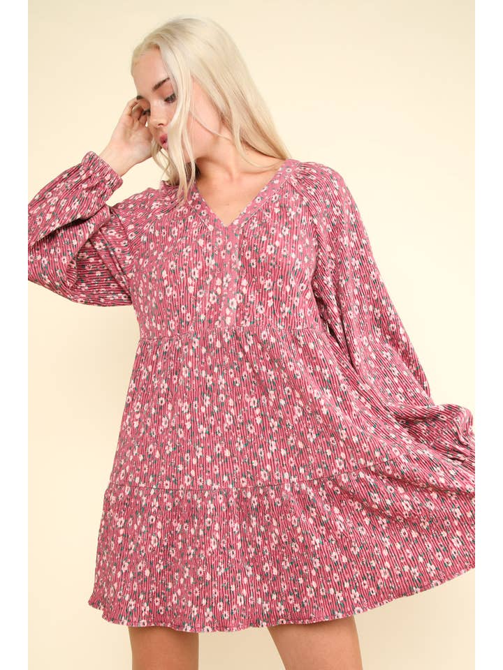 VERY J - Wholesale Dress - Women's - ND31416X-PLUS SIZE Flower Printed Velvet Babydoll Dress