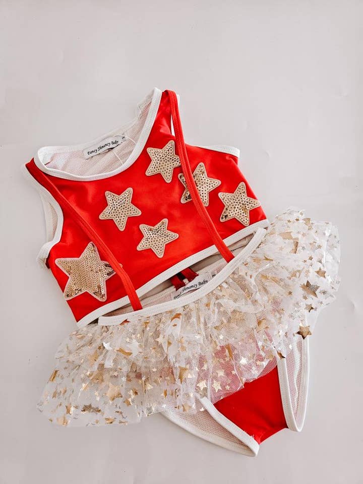 RESTOCK!!! Red and Gold stars - Suspender swimsuit for wholesale by Fancy Shmancy Baby