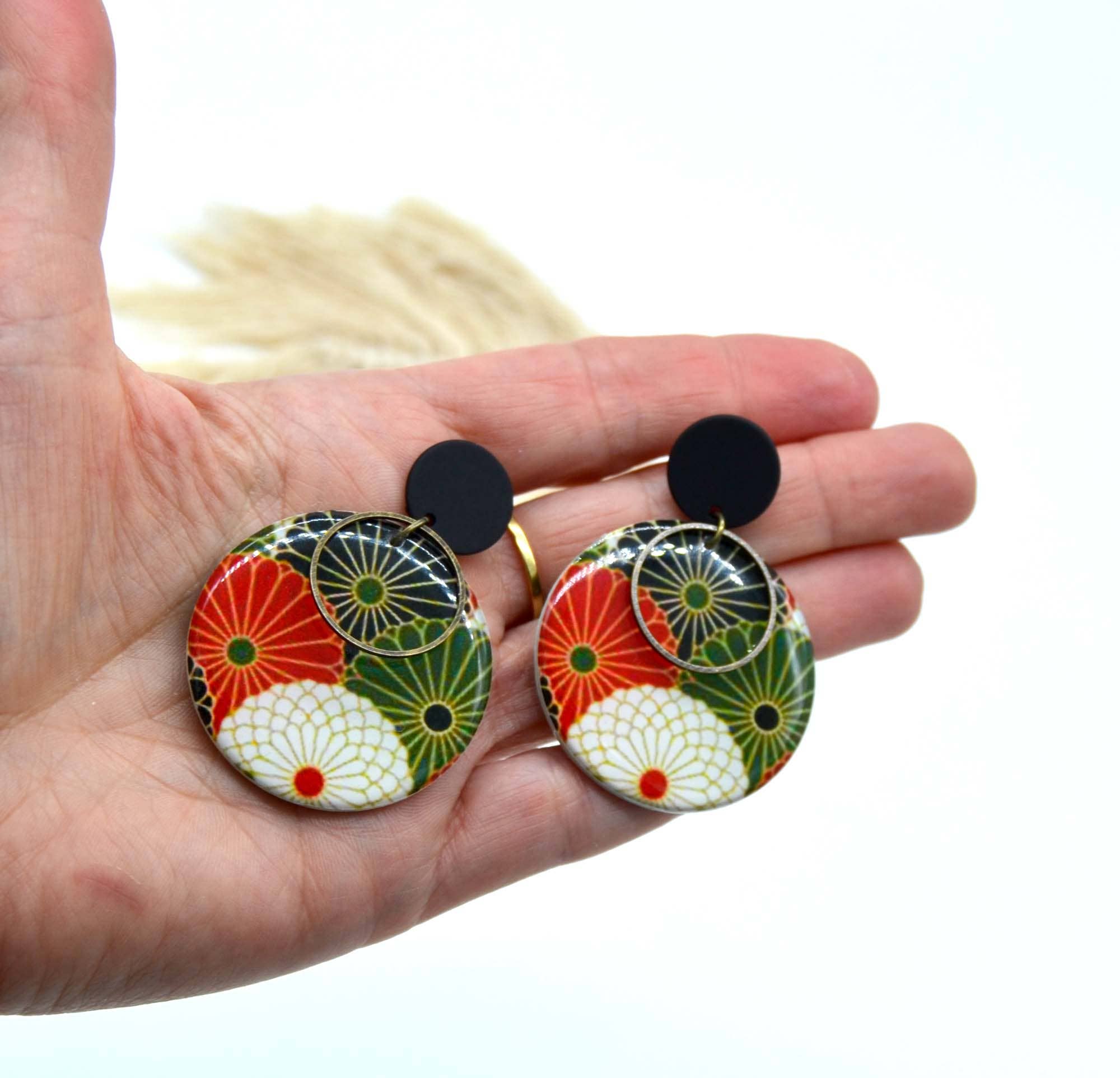 SUNKRIS - Wholesale Dangle Earrings - Seigaiha flower Japanese pattern paper earrings4