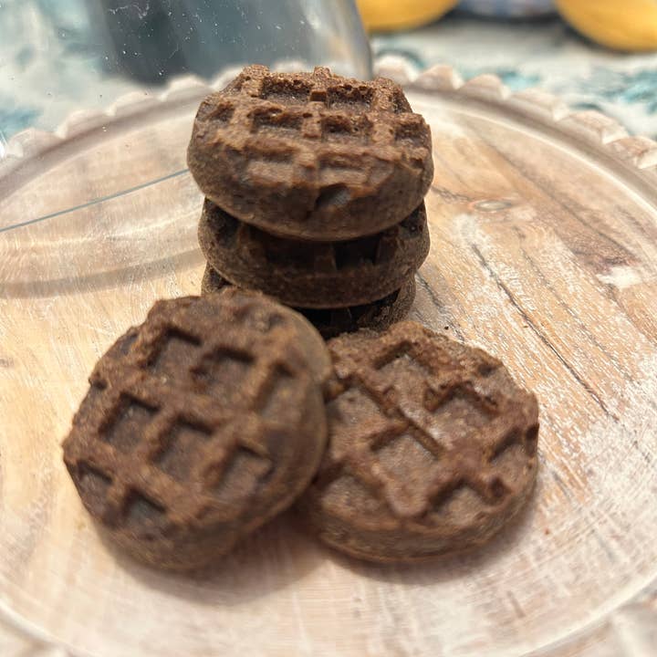 Carob Mini Waffle Woofies for wholesale by Moo’s Barkery
