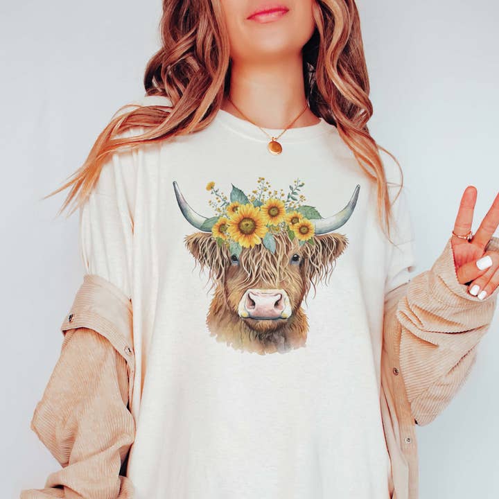 Highland Cow Sunflower Graphic Tee for wholesale by 923 By Design