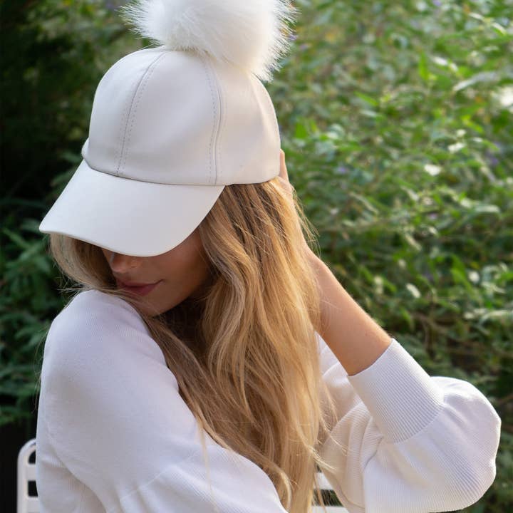 WHITE Magid Faux Leather & Fur Pom Pom Baseball Cap for wholesale on Faire