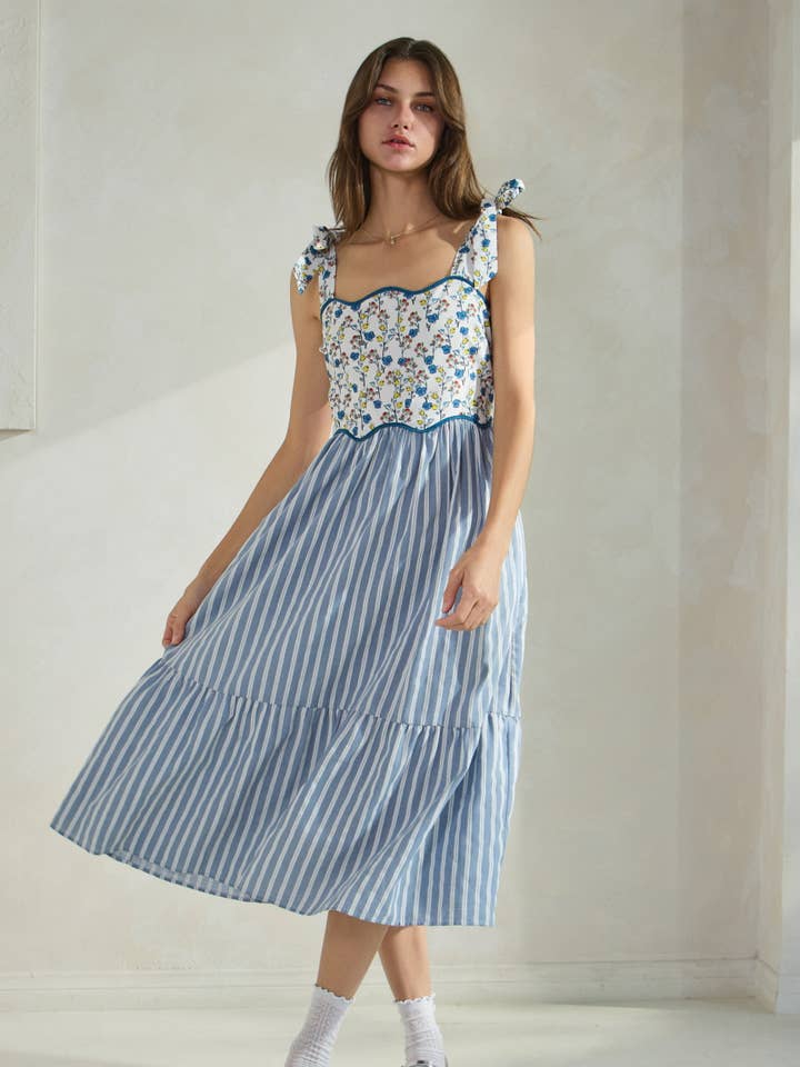 White Blue Combo Floral Print & Stripe Mixed Midi Dress for wholesale on Faire