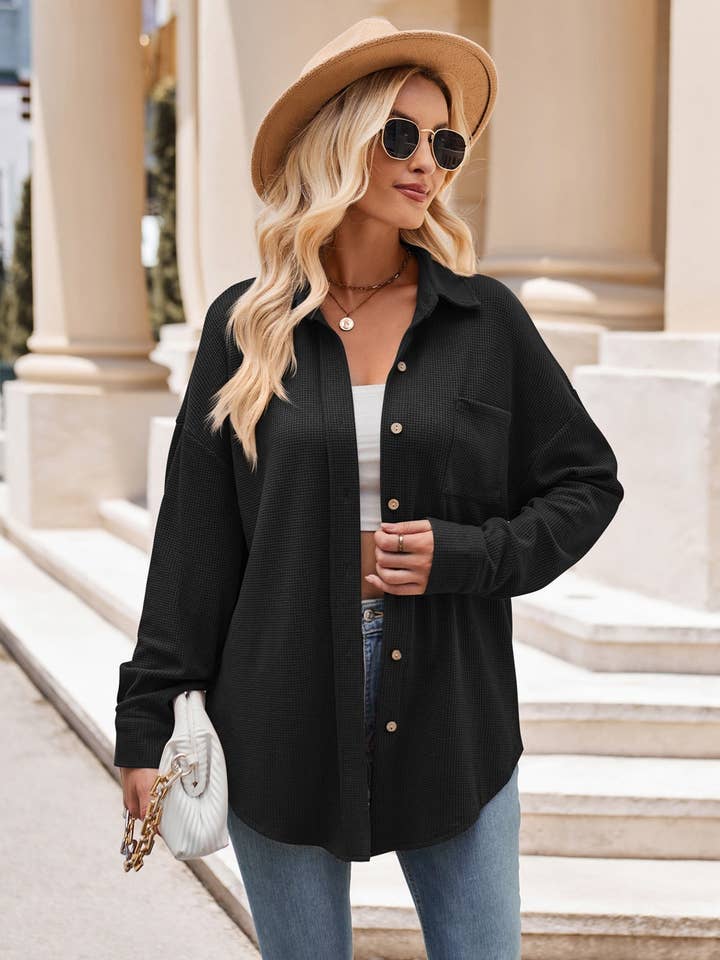 Lovesoft - Wholesale Button Down Shirt - Women's - Women's Casual Loose Pocket Waffle Fashion Shirt13