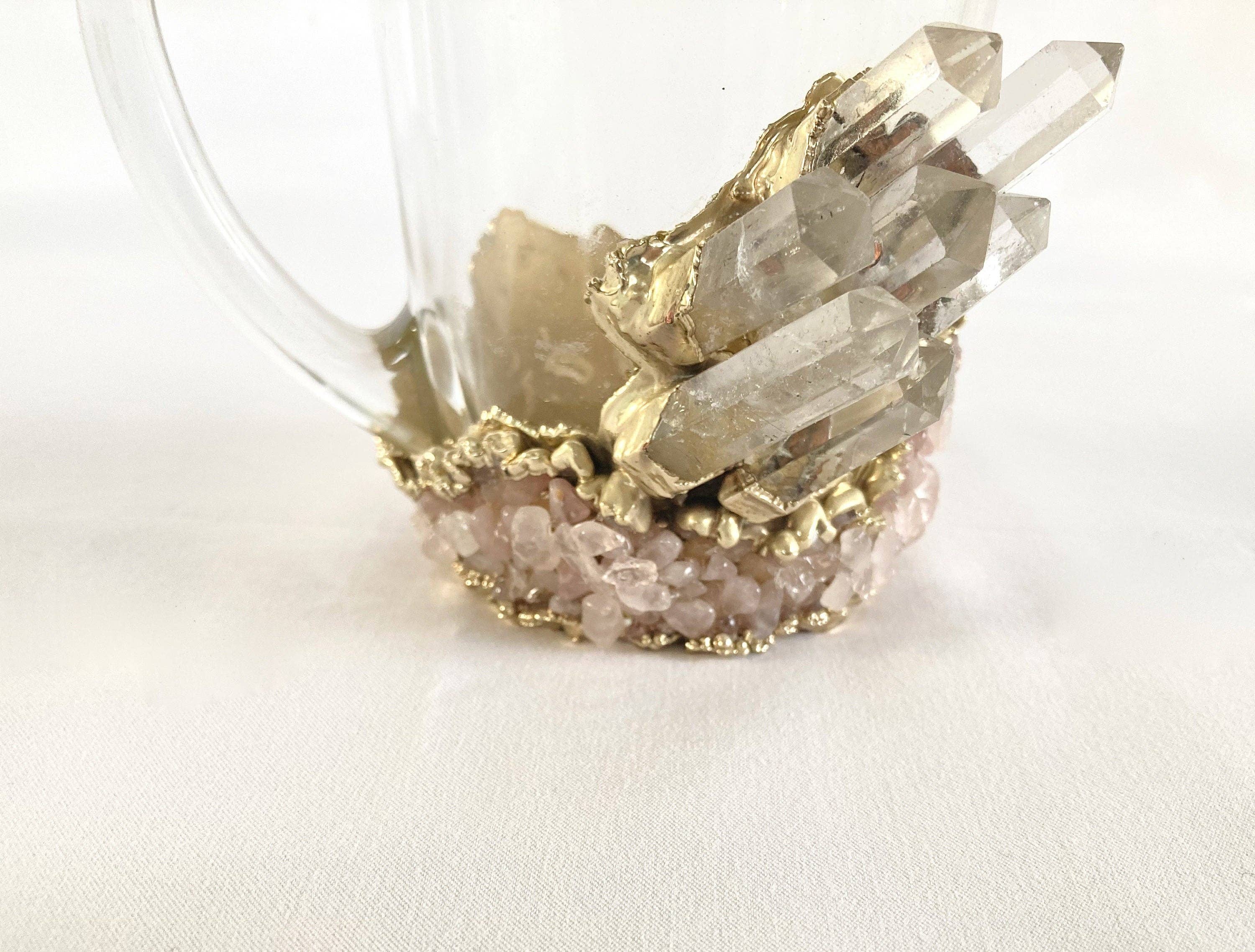 The Tangerine Store - Wholesale Coffee Mug - Set of 2 |Crystal Glass Coffee/Tea/Juice Mugs with Gold Plated Clear Crystal and Rose Quartz Agate Semi-precious Crystals | 11 oz/320 ml2