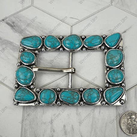 BPD251230-03-BLUE Silver metal with blue turquoise stone large rectangle Belt buckle for wholesale by Western Elite Jewelry