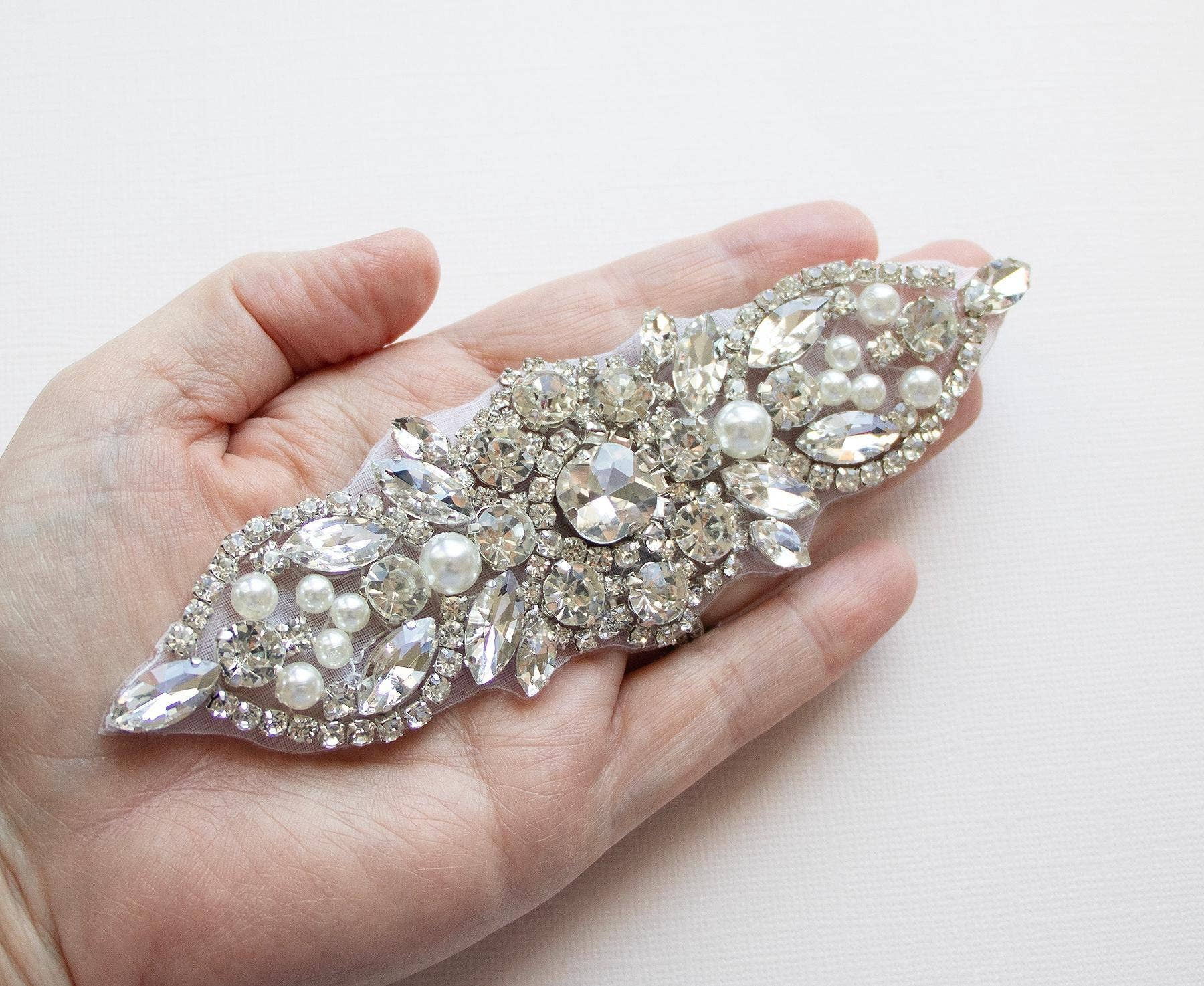 allureweddingjewelry - Wholesale Craft Supplies - Pearl and Rhinestone Applique | Sew or Iron-On | Silver1