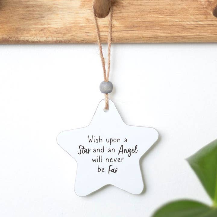 An Angel Will Never Be Far Hanging Star Sentiment Sign for wholesale by Something Different Wholesale
