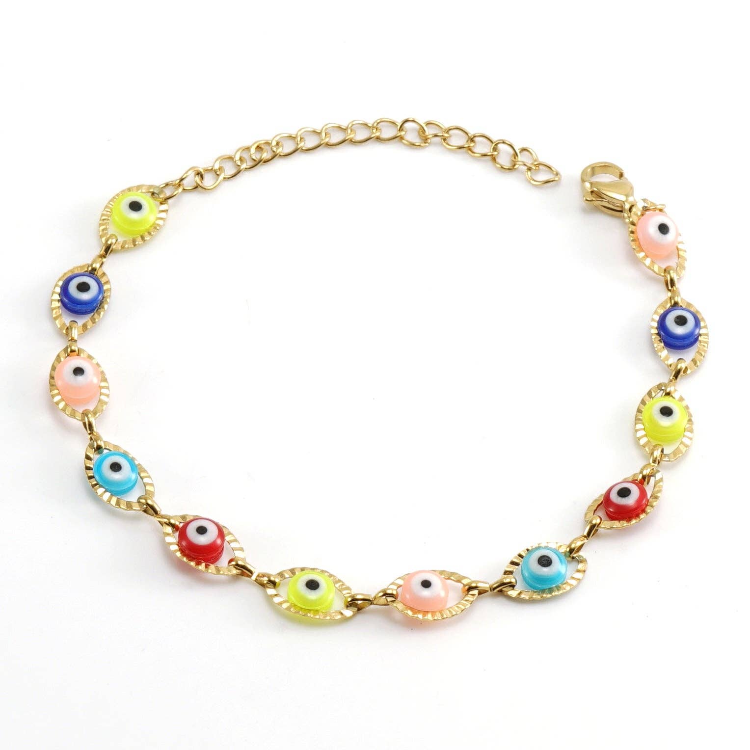 Mio Queena - Wholesale Charm/Dangle Bracelet - Enamel Evil Eye 18k Gold Plated Stainless Steel Bracelet-FGS5